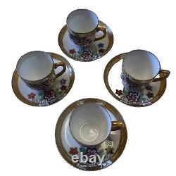 Japanese Export Porcelain China 4 Cups and Saucers. Floral /Gold Ribbon Rim