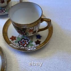 Japanese Export Porcelain China 4 Cups and Saucers. Floral /Gold Ribbon Rim