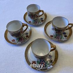 Japanese Export Porcelain China 4 Cups and Saucers. Floral /Gold Ribbon Rim