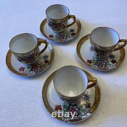 Japanese Export Porcelain China 4 Cups and Saucers. Floral /Gold Ribbon Rim