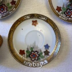 Japanese Export Porcelain China 4 Cups and Saucers. Floral /Gold Ribbon Rim