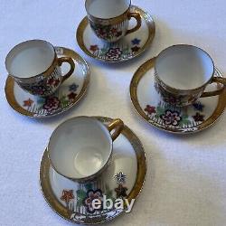 Japanese Export Porcelain China 4 Cups and Saucers. Floral /Gold Ribbon Rim