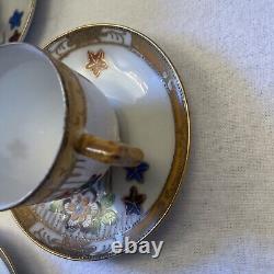 Japanese Export Porcelain China 4 Cups and Saucers. Floral /Gold Ribbon Rim