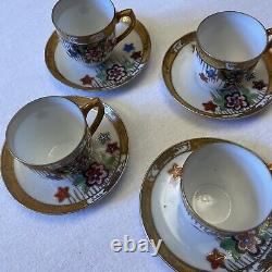 Japanese Export Porcelain China 4 Cups and Saucers. Floral /Gold Ribbon Rim