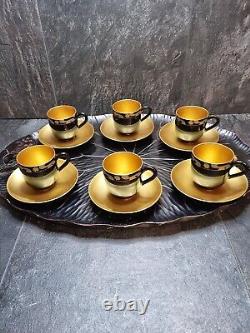 Japanese Lacquer Tray Tea Cups and Saucers Set of 6 Hand Painted Black and Gold