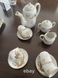 Japanese Lithophane Geisha Tea Set Gold and White Porcelain 5 Cups, 6 Saucers