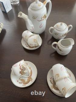 Japanese Lithophane Geisha Tea Set Gold and White Porcelain 5 Cups, 6 Saucers