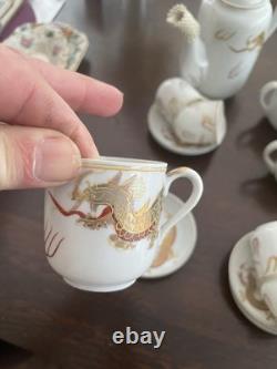 Japanese Lithophane Geisha Tea Set Gold and White Porcelain 5 Cups, 6 Saucers