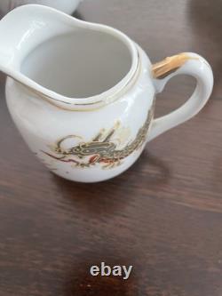 Japanese Lithophane Geisha Tea Set Gold and White Porcelain 5 Cups, 6 Saucers