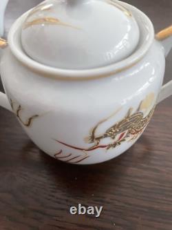 Japanese Lithophane Geisha Tea Set Gold and White Porcelain 5 Cups, 6 Saucers