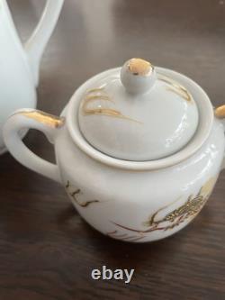 Japanese Lithophane Geisha Tea Set Gold and White Porcelain 5 Cups, 6 Saucers