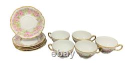 Jean Pouyat Limoges Porcelain Cups & Saucers Pink Roses & Gold Trim c. 1890
