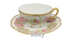 Jean Pouyat Limoges Porcelain Cups & Saucers Pink Roses & Gold Trim c. 1890