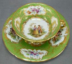 Klemm Dresden Hand Painted Watteau Scene Green & Raised Gold Tea Cup & Saucer A