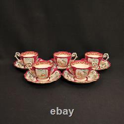 Kutani 5 Cups & Saucers Demitasse Occupied Japan Asian Design Red Gold 1946-1952
