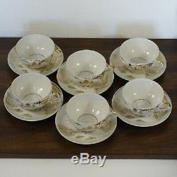 Kutani Gold Painted Tea Set with Geisha Lithophane 6 Cups, Saucers, Dessert