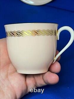 LENOX CARIBBEE SET 4 DEMITASSE/ ESPRESSO CUPS & SAUCERS, PINK With SHINY GOLD ROPE
