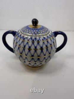 LFZ Cobalt Net 8 Piece Coffee Set Cups, Saucers, Plates, Sugar Bowl, Creamer