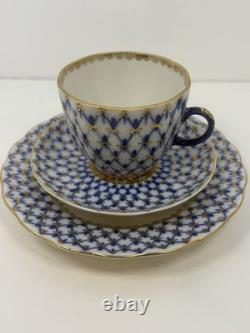 LFZ Cobalt Net 8 Piece Coffee Set Cups, Saucers, Plates, Sugar Bowl, Creamer