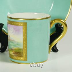 Le Tallec French Porcelain Cup & Saucer Mint & Gold Hand Painted Coastal Scene