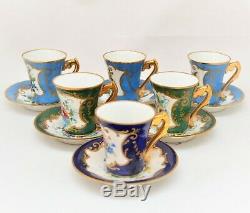 Le Tallec Paris France Demitasse 6 Cups Saucers Set Blue Green Floral Gold