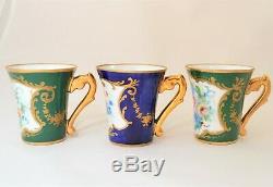 Le Tallec Paris France Demitasse 6 Cups Saucers Set Blue Green Floral Gold