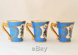 Le Tallec Paris France Demitasse 6 Cups Saucers Set Blue Green Floral Gold