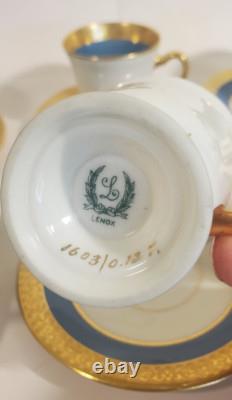 Lenox Stanford Turquoise Grey Gold Encrusted Band Demitasse Cups Saucers Set 8