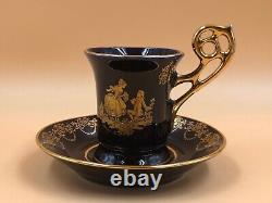 Limoges Castel Porcelain blue & 22k gold demitasse / chocolate cup & saucer duo
