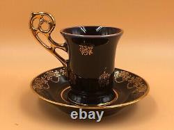 Limoges Castel Porcelain blue & 22k gold demitasse / chocolate cup & saucer duo