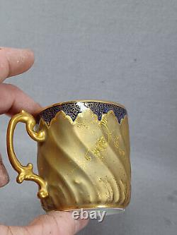 Limoges Cobalt & Raised Beaded Gold Birds & Heavy Gold Interior Cup & Saucer