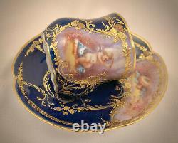 Limoges Demitasse Cup & Saucer, Hand Painted Cherub, Cobalt Blue