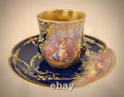 Limoges Demitasse Cup & Saucer, Hand Painted Cherub, Cobalt Blue