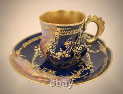 Limoges Demitasse Cup & Saucer, Hand Painted Cherub, Cobalt Blue