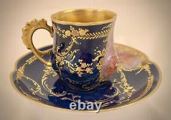 Limoges Demitasse Cup & Saucer, Hand Painted Cherub, Cobalt Blue