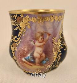 Limoges Demitasse Cup & Saucer, Hand Painted Cherub, Cobalt Blue