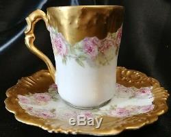 Limoges Demitasse Cup & Saucer Heavy Hand Enameled gold and Roses c. 1900