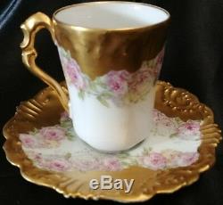 Limoges Demitasse Cup & Saucer Heavy Hand Enameled gold and Roses c. 1900