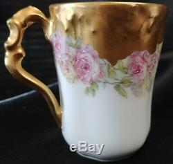 Limoges Demitasse Cup & Saucer Heavy Hand Enameled gold and Roses c. 1900