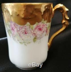 Limoges Demitasse Cup & Saucer Heavy Hand Enameled gold and Roses c. 1900