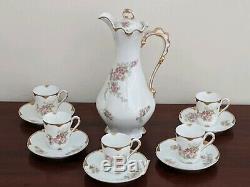 Limoges France Chocolate Pot 5 Cups & Saucers Set Roses Gold Trim