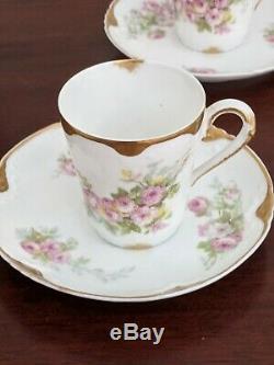 Limoges France Chocolate Pot 5 Cups & Saucers Set Roses Gold Trim