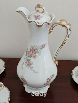 Limoges France Chocolate Pot 5 Cups & Saucers Set Roses Gold Trim