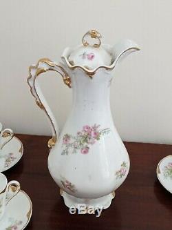 Limoges France Chocolate Pot 5 Cups & Saucers Set Roses Gold Trim