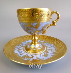 Limoges G. Dumas Cup & Saucer. Demitasse. Footed / Pedestal. Gold & Blue. Vintage