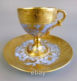 Limoges G. Dumas Cup & Saucer. Demitasse. Footed / Pedestal. Gold & Blue. Vintage