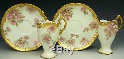 Limoges Hand Painted Apple Blossoms Gold Chocolate Cups & Saucers Ornate Handle