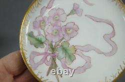Limoges Hand Painted Pink Flowers Ribbon & Gold Footed Demitasse Cup & Saucer