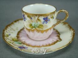 Limoges Hand Painted Purple Violets Ivory Pink & Gold Demitasse Cup & Saucer