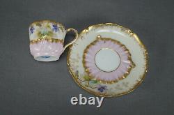 Limoges Hand Painted Purple Violets Ivory Pink & Gold Demitasse Cup & Saucer